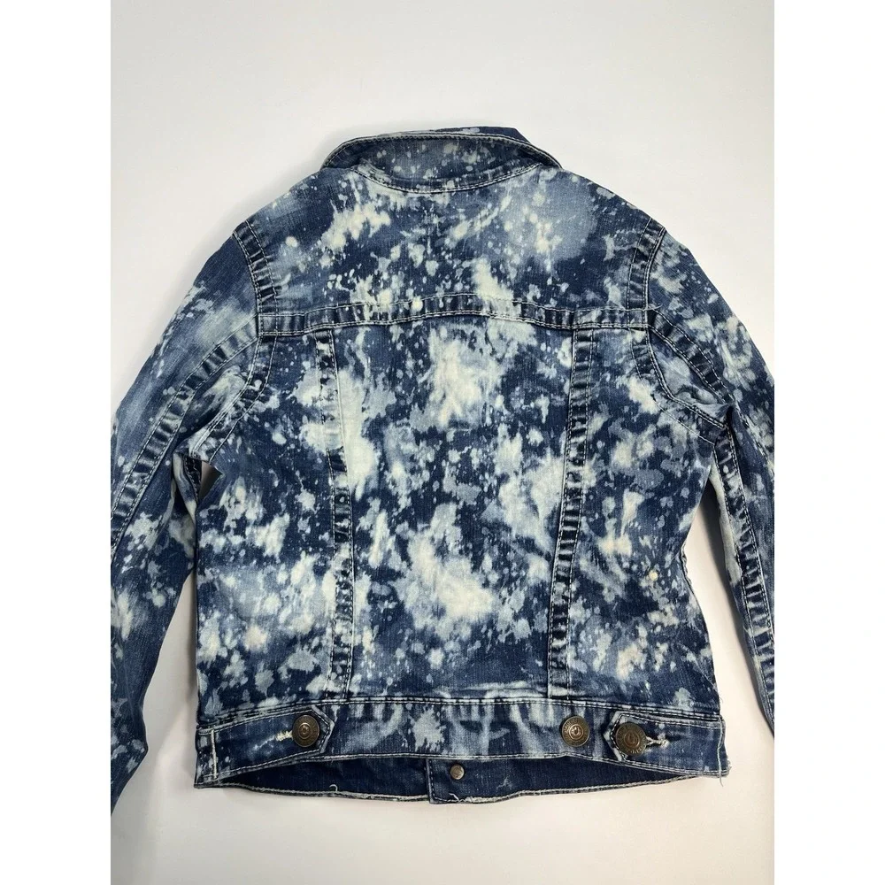 True Religion Denim Jean Jacket Youth Medium Distressed Acid Wash Blue White